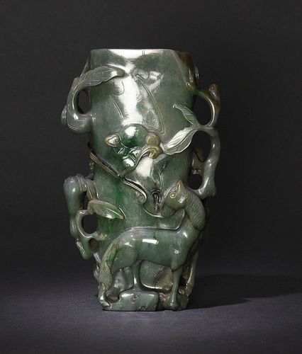 Chinese Carved Jadeite Flower Vase, 19th Century