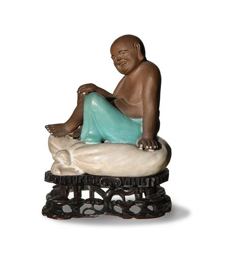 Shiwan Budai Statue with Wood Stand, 19th Century