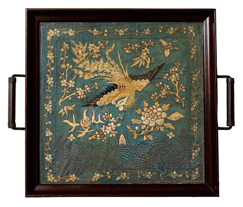 Chinese Phoenix Embroidery Inset in Tray, 19th Century