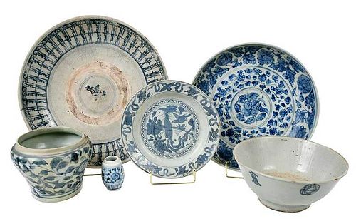 Six Asian Blue and White Ceramic Table Items