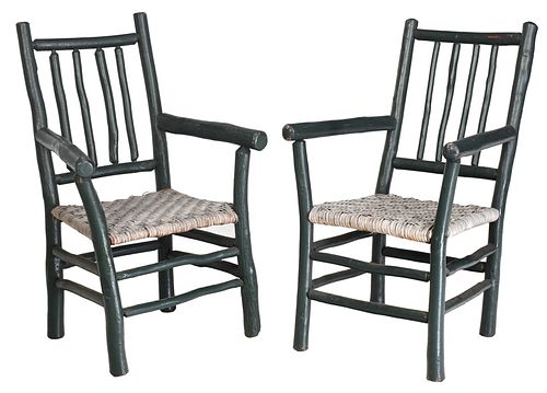 Pair Old Hickory Green Painted Arm chairs