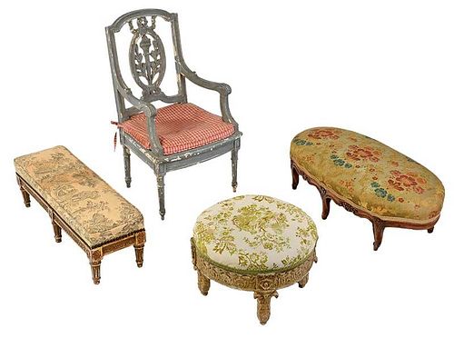 Three French Footstools and a Child's Chair