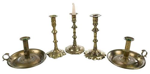 Pair Brass Chambersticks, Three Candlesticks