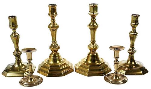Three Pairs Early Brass Candlesticks