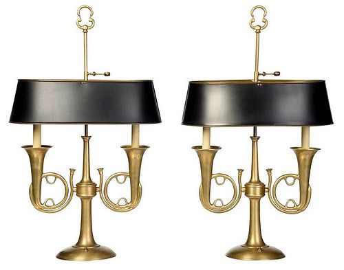Pair Brass Hunt Motif Table Lamps
