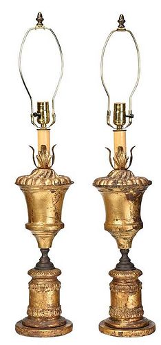 Pair Italian Gilt Tole Campana Urn Form Lamps