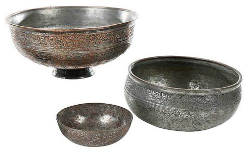 Three Early Islamic Engraved Tinned Copper Bowls