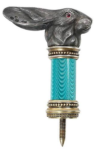 Faberge Style Silver and Enamel Rabbit Cane Top