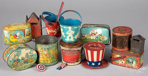 Group of tin lithograph pails, etc.