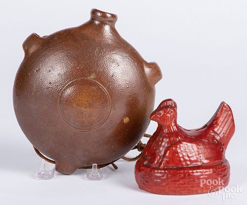 Stoneware canteen and redware hen bank