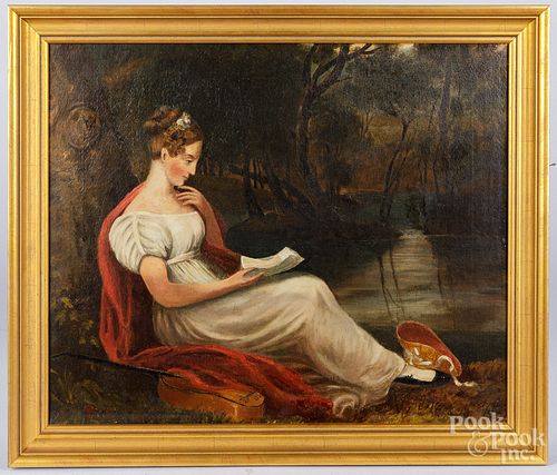 Oil on canvas, 19th c., of a woman with mandolin