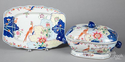 Chinese export style tobacco leaf tureen and tray