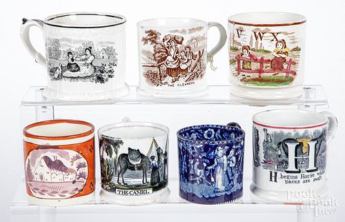 Seven Staffordshire child's mugs, 19th c.