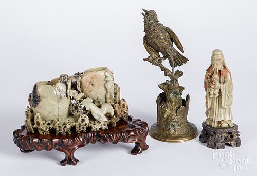 Two Chinese soapstone carvings and a bronze bird