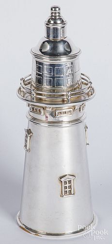 Silver plate lighthouse cocktail shaker.