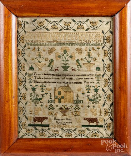 English silk on linen sampler, dated 1842.