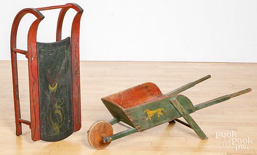 Painted child's sled and wheelbarrow, late 19th c