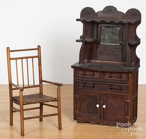 Tramp art doll dresser, together with an armchair