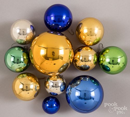 Eleven Kugel glass Christmas ornaments
