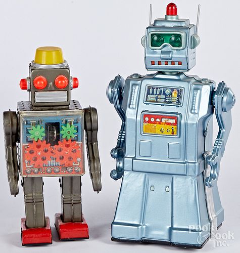 Two Japanese tin lithograph battery operated robo