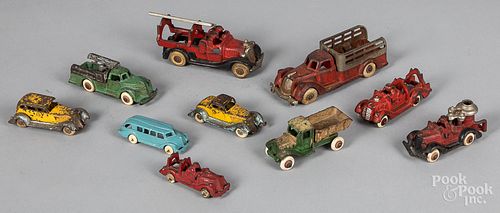 Ten small cast iron vehicles, most Hubley.