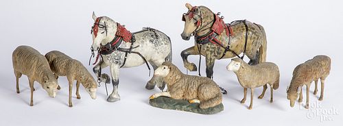Pair of carved and painted horses, etc.
