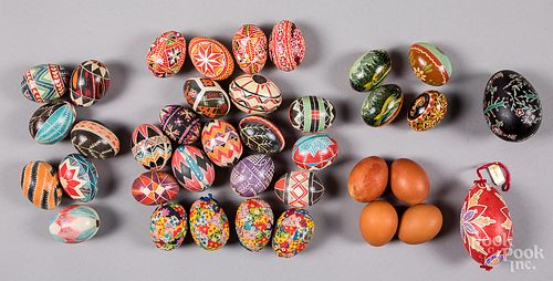 Large collection of scratch decorated Easter eggs