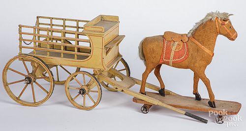 Painted wood wagon pull toy, with platform horse