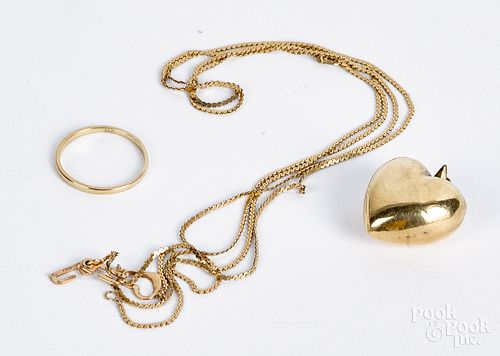 14K gold ring, necklace and heart pendant