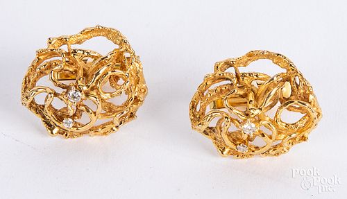 Pair of 14K gold and diamond earrings, 12 dwt.
