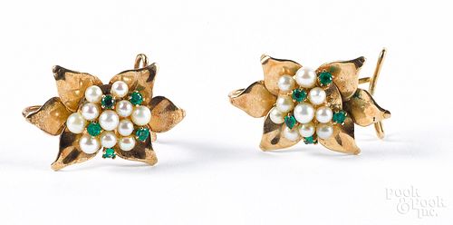 Pair of 14K gold, pearl and gemstone earrings