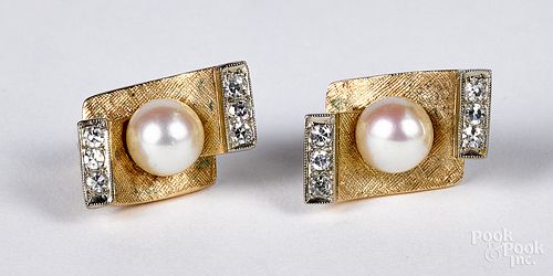Pair of 14K gold diamond and pearl earrings, 5 dw