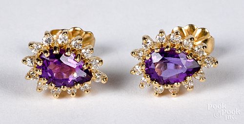 Pair of 14K gold diamond and amethyst earrings