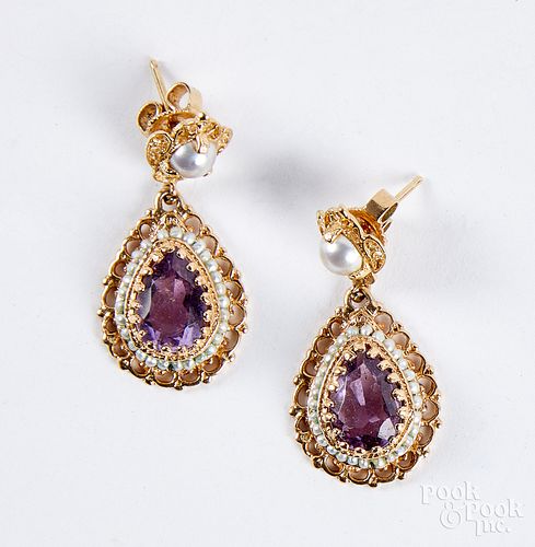 Pair of 14K gold, pearl and amethyst earrings