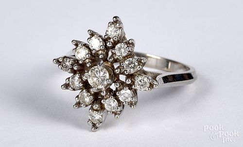 14K white gold diamond cluster ring, size 6