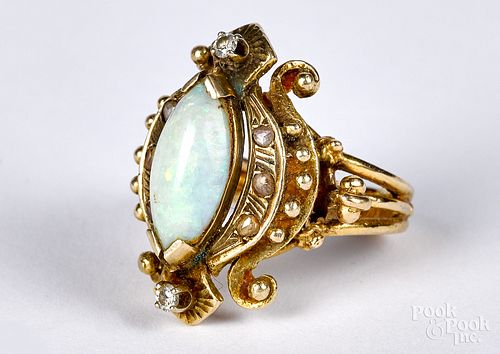 14K gold, AA quality opal and diamond ring