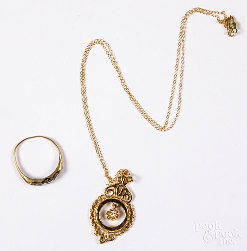 14K gold and diamond necklace, with a ring