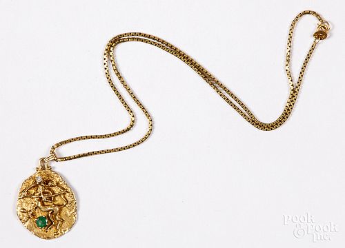 14K gold necklace, with diamond & gemstone pendan