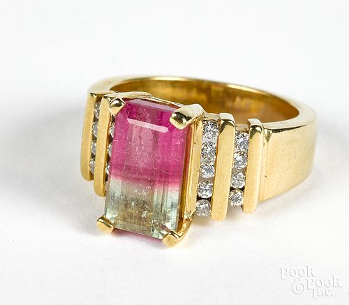 14K gold diamond and watermelon tourmaline ring