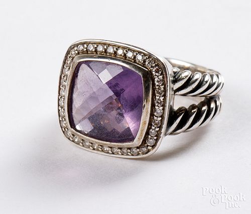 David Yurman silver diamond and amethyst ring