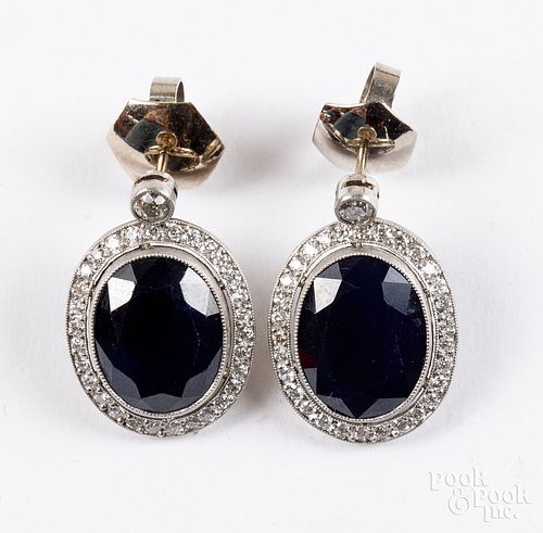 Pair of 18K gold diamond and sapphire earrings