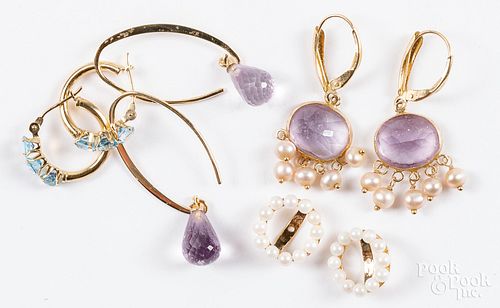 Four pairs of 14K gold, gemstone & pearl earrings
