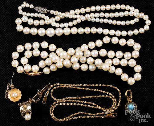 Two pearl necklaces with gold clasps, etc.