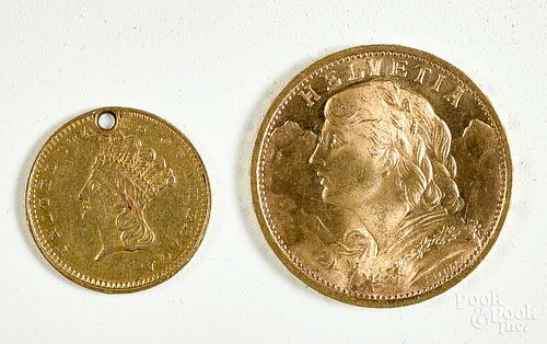 Helvetia 20 franc gold coin, etc.