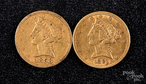 1853 and 1881 five dollar Liberty Head gold coins