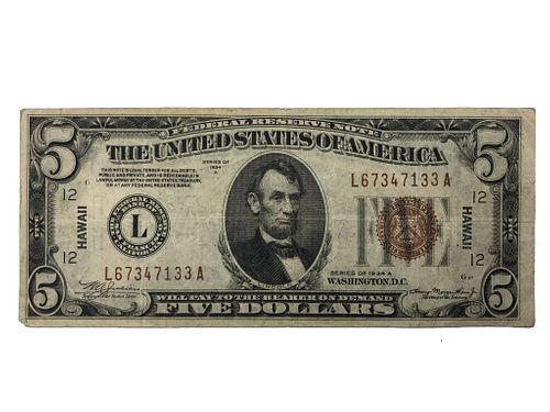 1934A Five Dollar Hawaii Federal Reserve Note Curr