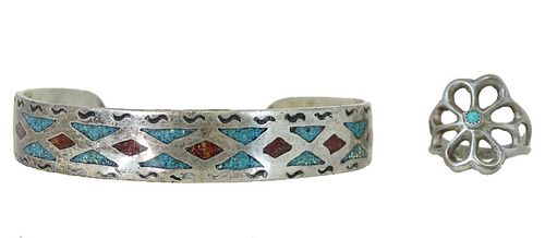 Set of Navajo Turquoise & Silver Chip Bracelet