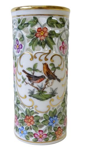 Herend Rothschild Bird Porcelain Perforated Vase