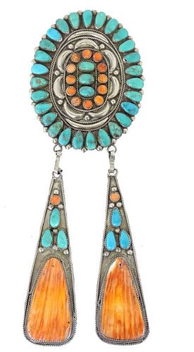 Navajo Turquoise & Orange Oyster Shell Pendant
