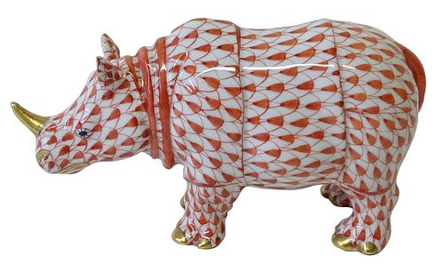 Herend Porcelain Red Fishnet Rhinoceros Figurine